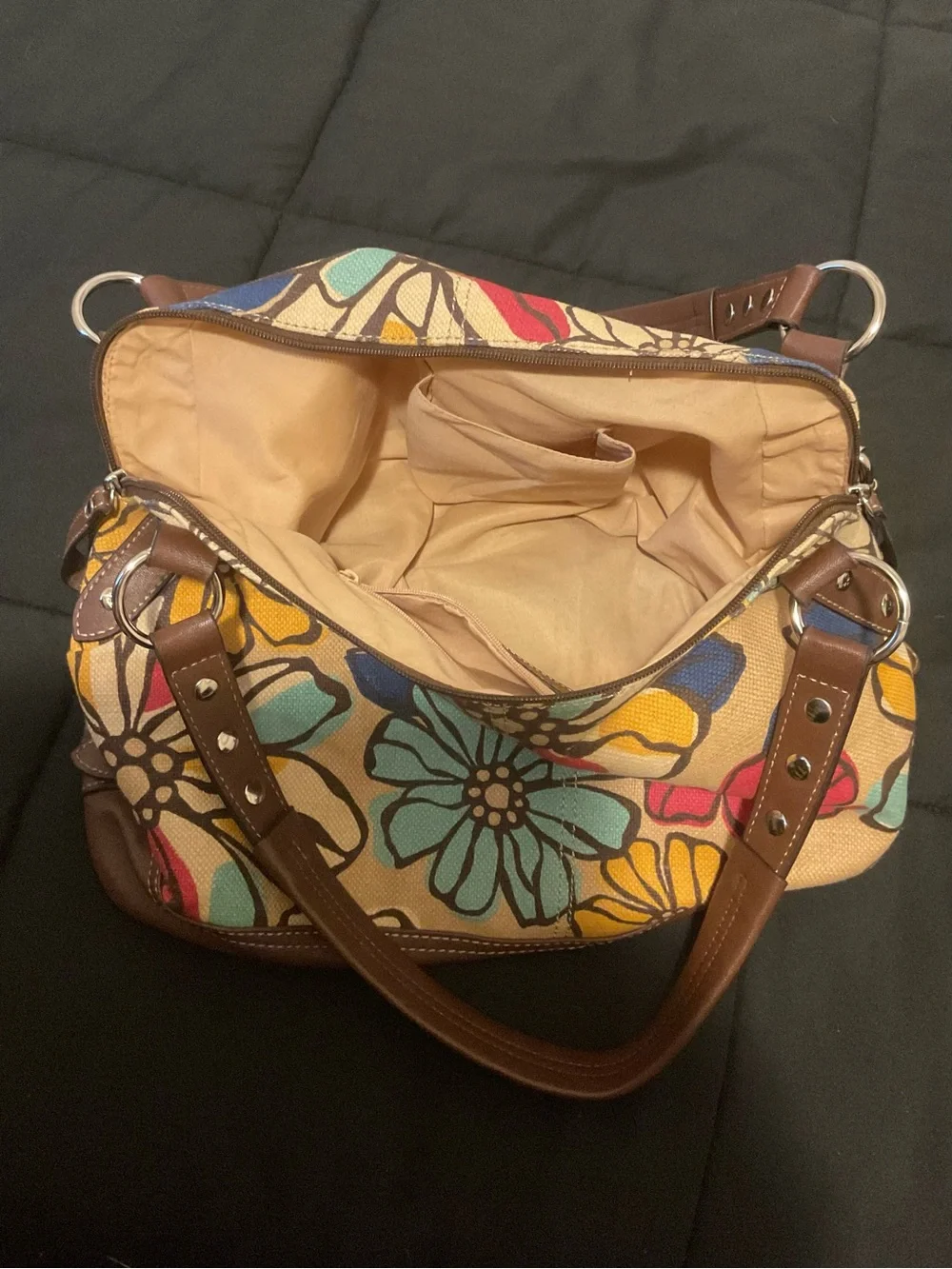 Relic Floral Canvas Shoulder Bag Brown Trim Large Hobo Purse Tote Handbag